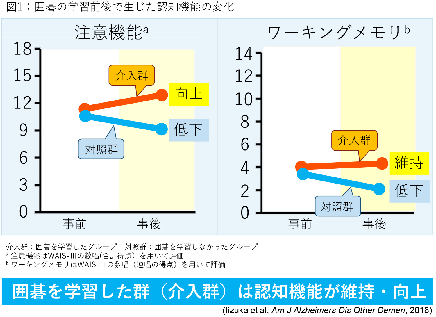 図1：囲碁の学習前後で生じた認知機能の変化