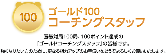 ゴールド100コーチングスタッフ　置碁対局1００局、10０ポイント達成の「ゴールドコーチングスタッフ」の皆様です。強くなりたい方のために、更なる棋力アップのお手伝いをどうぞよろしくお願いいたします。